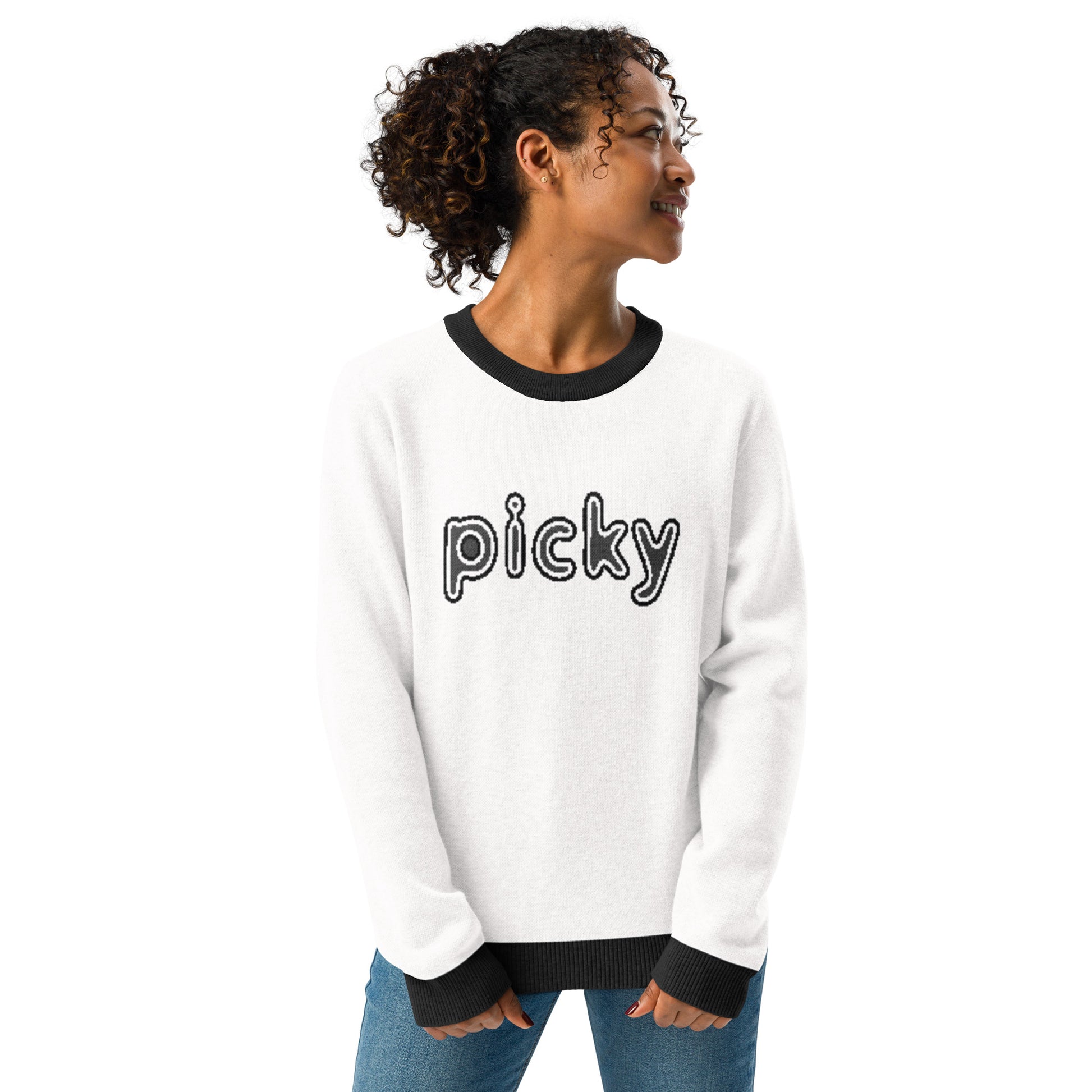 Picky Knitted Crew Neck Sweater White & Black